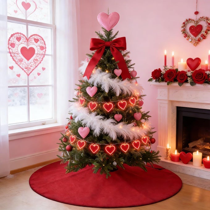 48 RED BURLAP VALENTINES TREE SKIRT RUSTIC LINEN PLAIN TREE SKIRT FOR FARMHOUSE RED VALENTINES DECOR ORNAMENTS FOR 7 FT CHRISTMAS TREE