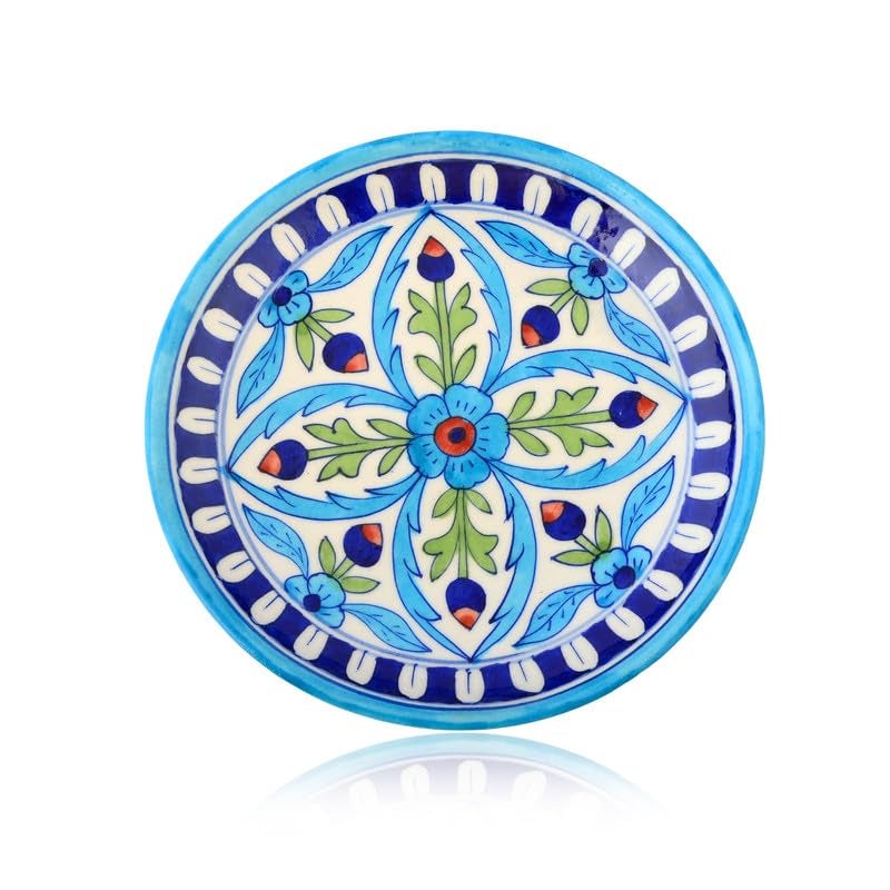 NATRIEL Blue Pottery White Color Plate Artisan Handcrafted Plate for Classic Home and Kitchen Decor and Serving Handmade and Handpainted Modern Mandala 8 to 10 - Image 1