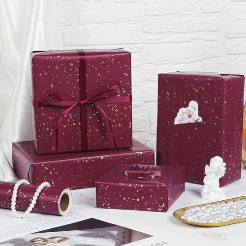 MAMUNU Red Kraft Wrapping Paper Roll, Gold and Silver Foil Flake Design, Matte Red Gift Wrapping Paper for Christmas Birthday Wedding Baby Shower New Year Holiday, 17Inch × 33 Feet - Image 2