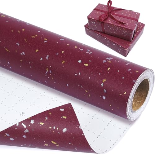 MAMUNU Red Kraft Wrapping Paper Roll, Gold and Silver Foil Flake Design, Matte Red Gift Wrapping Paper for Christmas Birthday Wedding Baby Shower New Year Holiday, 17Inch × 33 Feet - Image 1