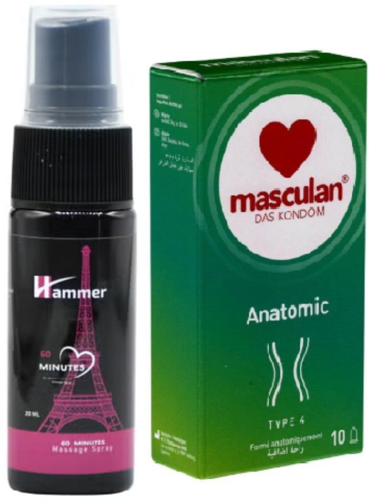 Hammer 60 Minutes Massage Spray 20 ml Masculan And 10-Piece Anatomic Type 4 Condom Set - Image 1