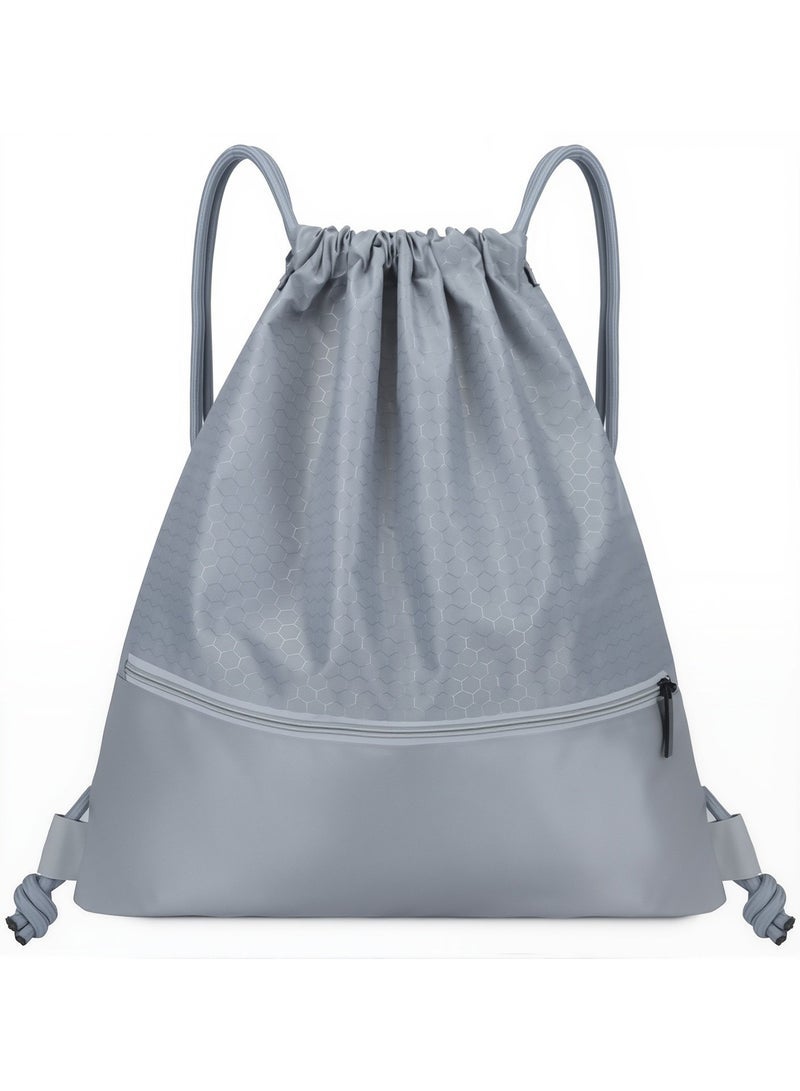 Multifunctional Waterproof Drawstring Backpack Large Capacity Oxford Fabric Gym Sports Bag with Zipper Pocket, Lightweight Sack for Fitness, Swimming, Soccer, Basketball, Travel for Men Women
