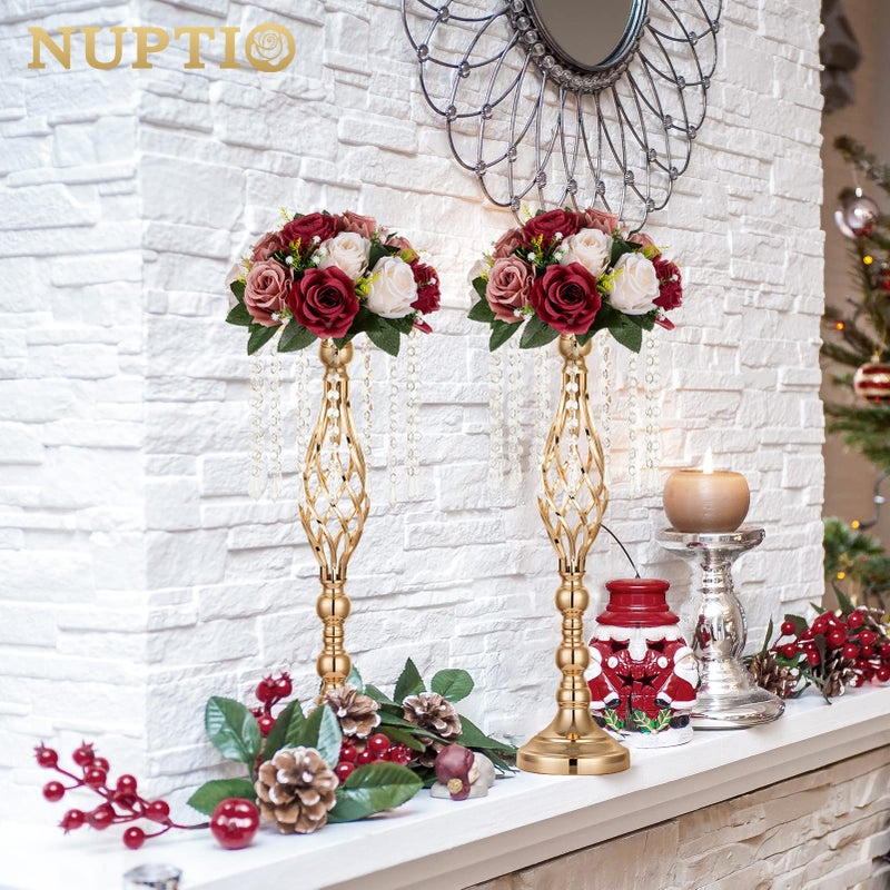 Nuptio Artificial Flower Centrepieces for Tables - 6 Pcs Burgundy & Dusty Rose & Creamy White Fake Flowers Roses Balls 9.5in Diam - Silk Faux Rose Arrangement for Wedding Party Centerpiece Table Decor - Image 2