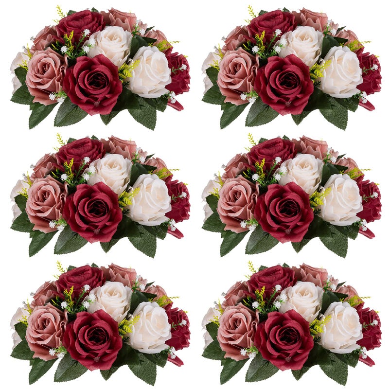 Nuptio Artificial Flower Centrepieces for Tables - 6 Pcs Burgundy & Dusty Rose & Creamy White Fake Flowers Roses Balls 9.5in Diam - Silk Faux Rose Arrangement for Wedding Party Centerpiece Table Decor - Image 1