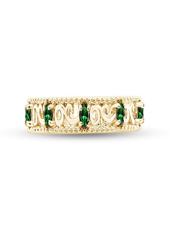 AFFY THE JEWEL ZONE Stackable Ring for Women, 14K Yellow Gold Over 925 Sterling Silver with Round Cut Simulated Green Emerald, Dainty Band Ring Jewelry Gift for Her (Band width 3.5mm) Ring Size- 7.5 - Image 1