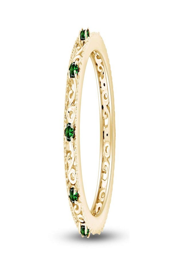 AFFY THE JEWEL ZONE Stackable Ring for Women, 14K Yellow Gold Over 925 Sterling Silver with Round Cut Simulated Green Emerald, Dainty Band Ring Jewelry Gift for Her (Band width 3.5mm) Ring Size- 7.5 - Image 3