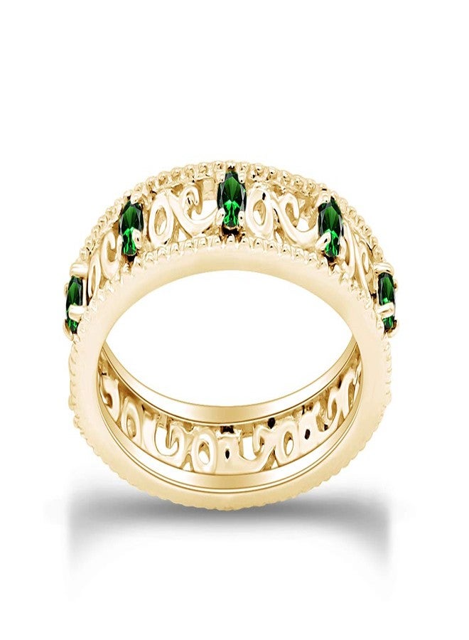 AFFY THE JEWEL ZONE Stackable Ring for Women, 14K Yellow Gold Over 925 Sterling Silver with Round Cut Simulated Green Emerald, Dainty Band Ring Jewelry Gift for Her (Band width 3.5mm) Ring Size- 7.5 - Image 2