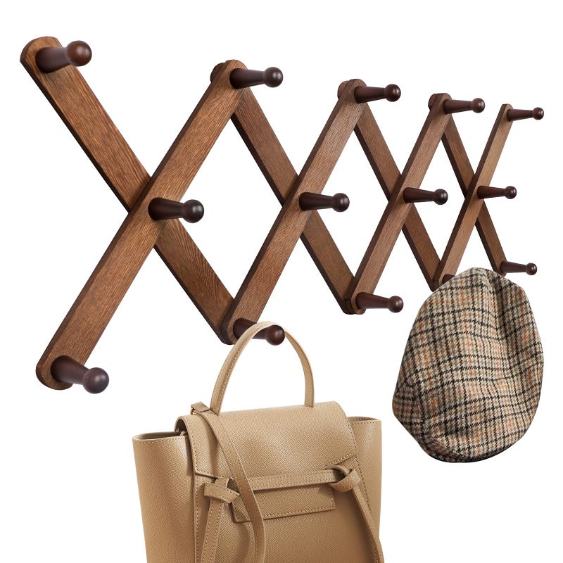 OROPY Wood Accordion Wall Hanger, Expandable Coat Rack Wall Mount with 14 Pegs, Expanding Hat Rack for Wall, X Shape, 27"×10", Walnut Color - Image 1