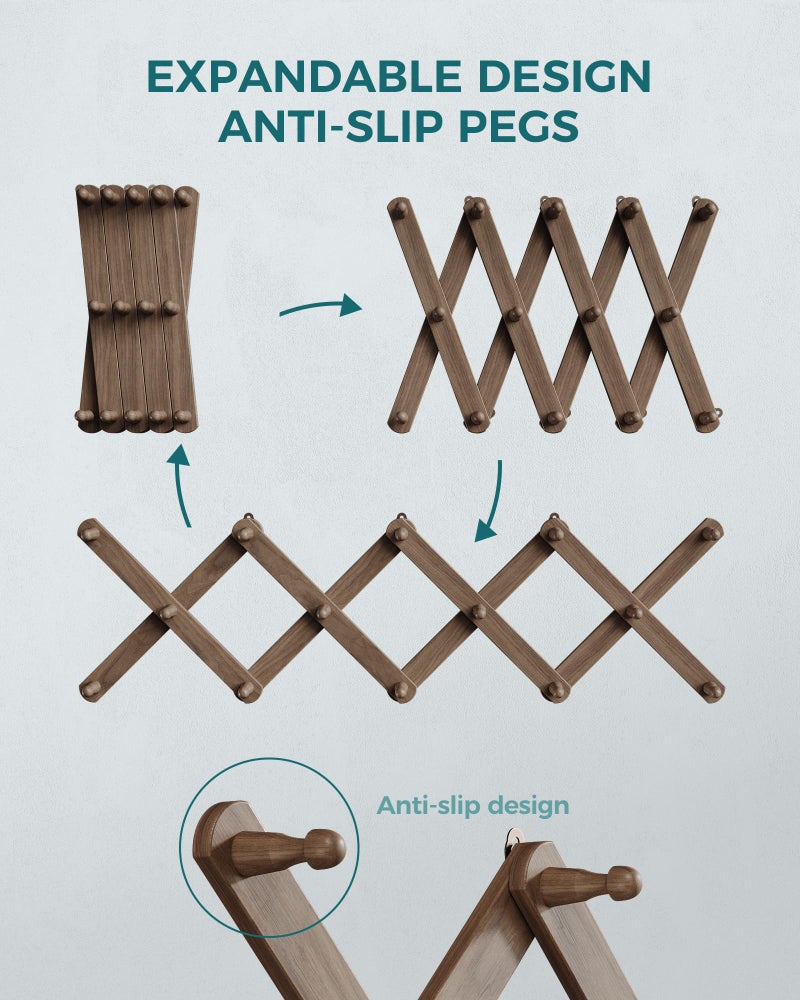 OROPY Wood Accordion Wall Hanger, Expandable Coat Rack Wall Mount with 14 Pegs, Expanding Hat Rack for Wall, X Shape, 27"×10", Walnut Color - Image 4