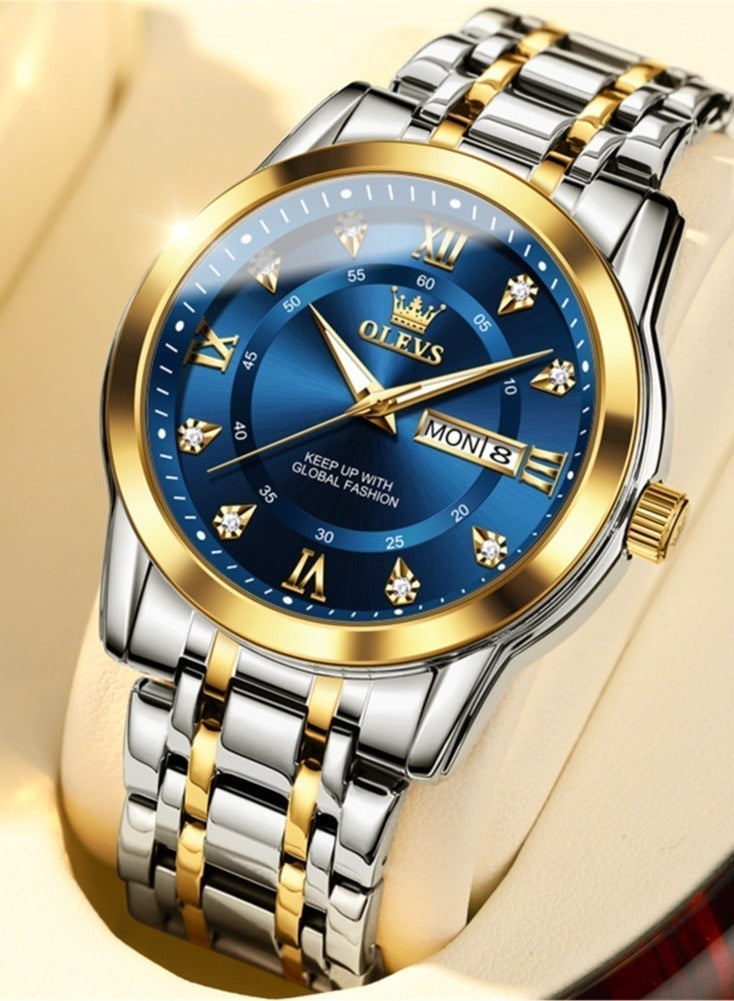 أوليفز ساعات OLEVS للرجال ساعة كوارتز تناظرية مقاومة للماء من الفولاذ المقاوم للصدأ باللون الذهبي والأزرق ساعات كوارتز للأعمال - Image 2
