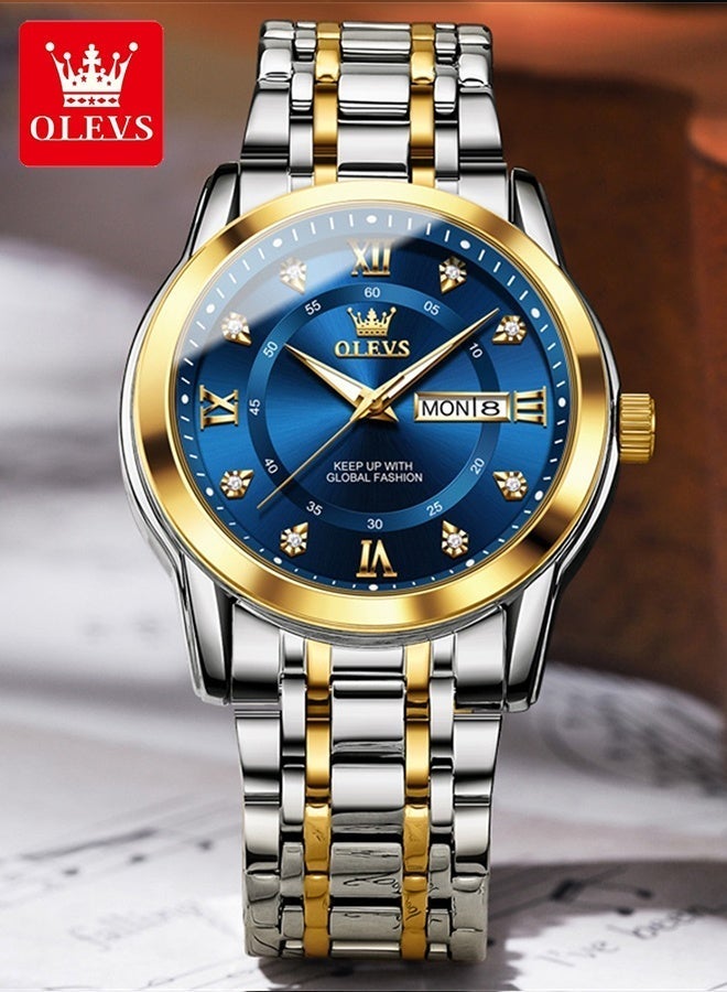 أوليفز ساعات OLEVS للرجال ساعة كوارتز تناظرية مقاومة للماء من الفولاذ المقاوم للصدأ باللون الذهبي والأزرق ساعات كوارتز للأعمال - Image 1