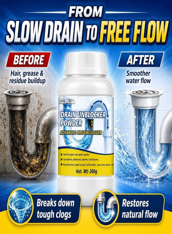 Lubynia Powerful Drain Clog Remover Powder, 260g Upgraded Pipeline Dredging Agent & Drain Cleaner, Fast-Acting Sink Unclogger for Hair, Grease, Food Waste, Paper Scraps & Soap Scum, for Sink, Shower, Toilet - Image 3