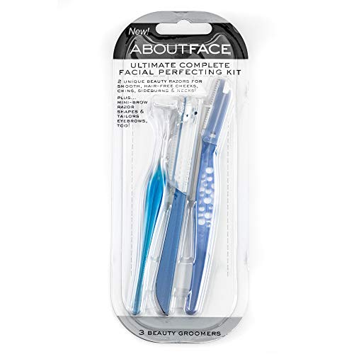 About Face Ultimate Complete Facial Perfecting Kit - 3 Beauty Groomers for Hair Removal, Ideal for Shaving, Exfoliating, Dermaplaning and Brow Shaping, Japanese Steel Gently Removes Facial Hair