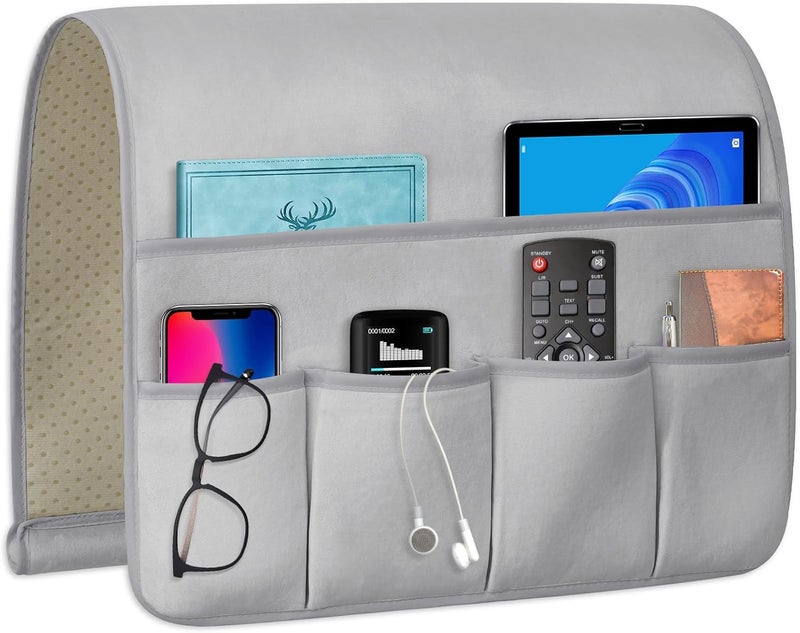 WETRBWEH Remote Control Holder for Armchair，Couch Caddy Organizer TV Remote Holder for Bed Storage 5 Pockets，Remote Caddy Bedside Organizer Bedside Table Organizer (LightGray, 35''x18'') - Image 1
