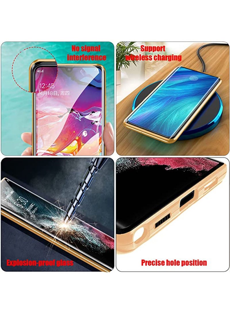 Case Compatible with Galaxy S22 Ultra Magnetic Thin Metal Frame Double Sided Clear Tempered Glass Shockproof Camera Whole Body Protection Gold - Image 2