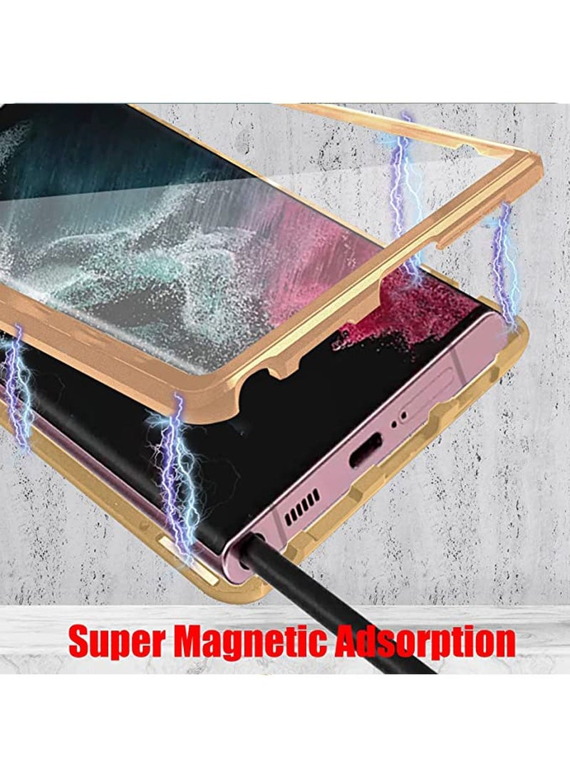 Case Compatible with Galaxy S22 Ultra Magnetic Thin Metal Frame Double Sided Clear Tempered Glass Shockproof Camera Whole Body Protection Gold - Image 5