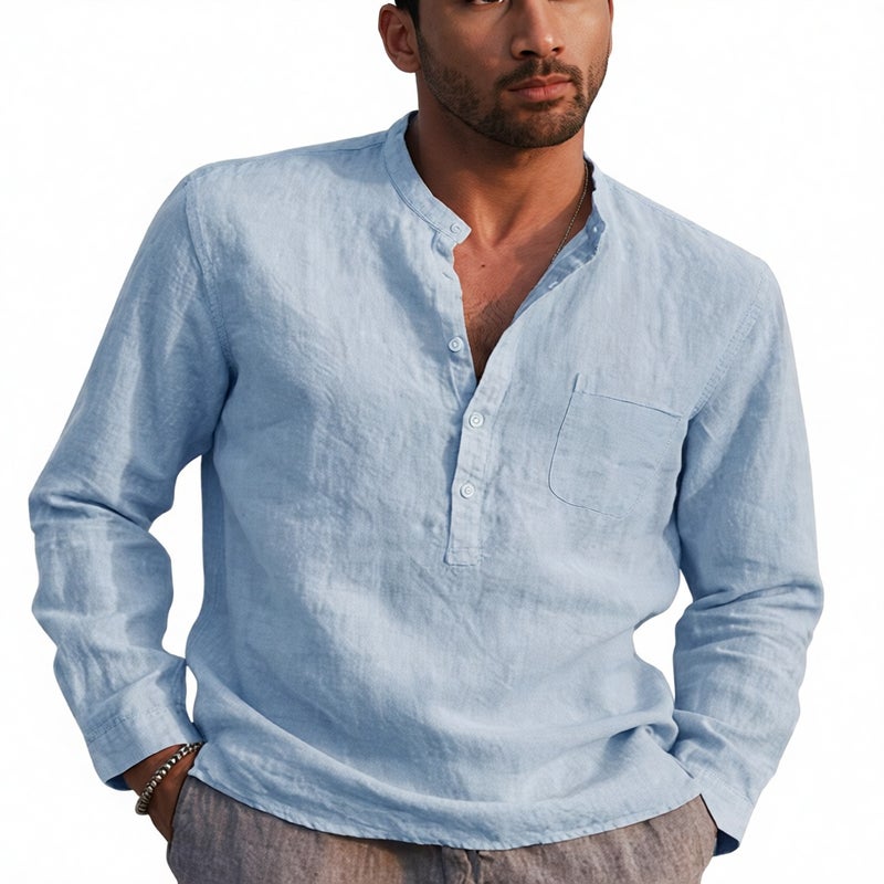 Men's Long Sleeve V-Neck Casual Linen Beach Shirt - Image 2
