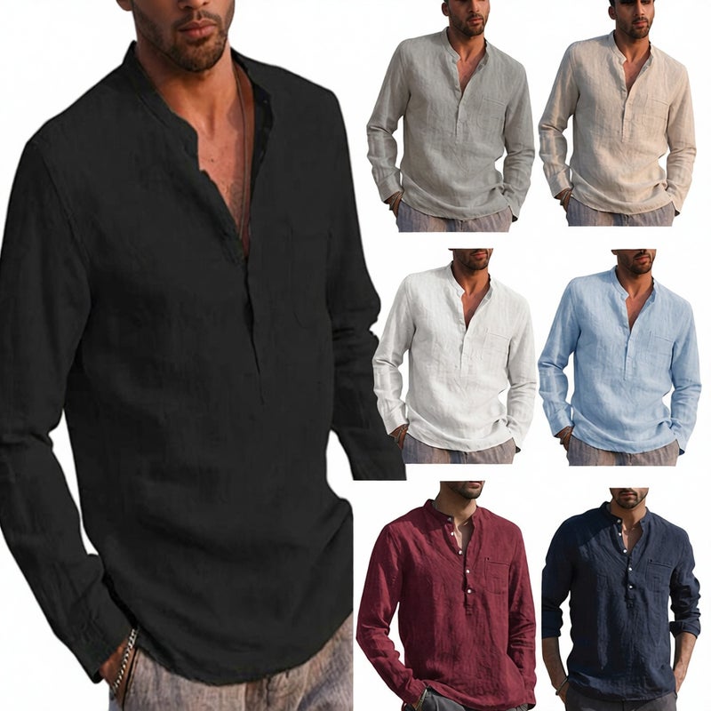 Men's Long Sleeve V-Neck Casual Linen Beach Shirt - Image 1
