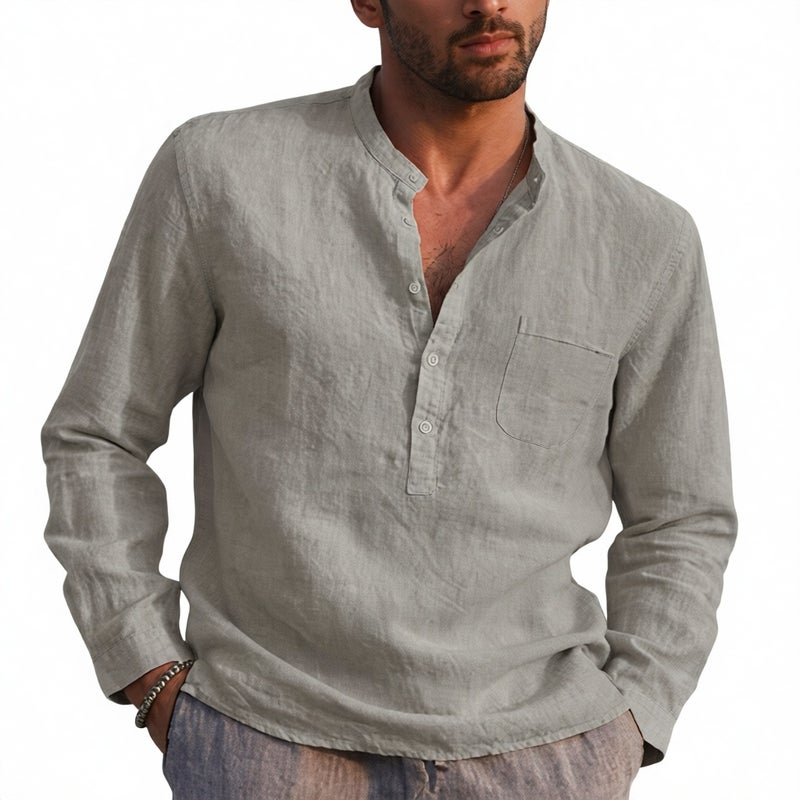 Men's Long Sleeve V-Neck Casual Linen Beach Shirt - Image 3