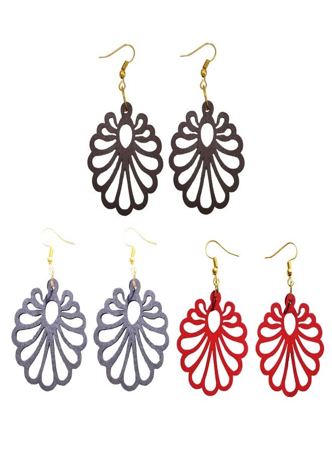 Root Kraft Womens & Girls westerns Selfe designed Wooden Earrings/Dangles Jewellery 3 Combo set (Dark Blue,Brown,Red) Light Weight - Image 1
