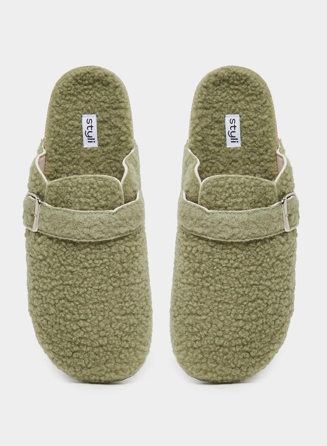 Styli Fluffy Textured Buckle Detail Slippers - Image 5