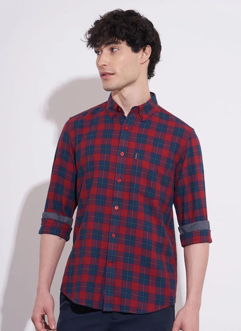 بيينغ هيومان Men Tartan Checked Button-Down Collar Pure Cotton Casual Shirt