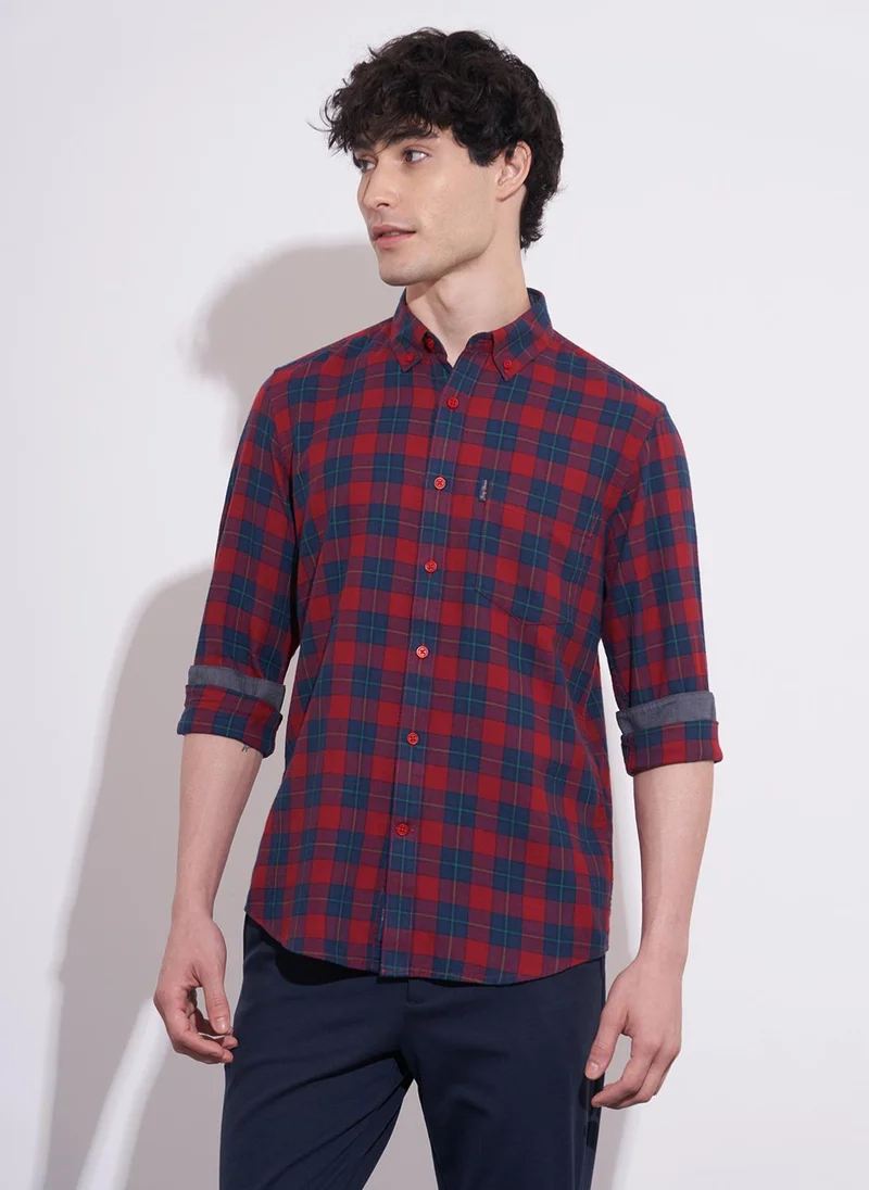 بيينغ هيومان Men Tartan Checked Button-Down Collar Pure Cotton Casual Shirt