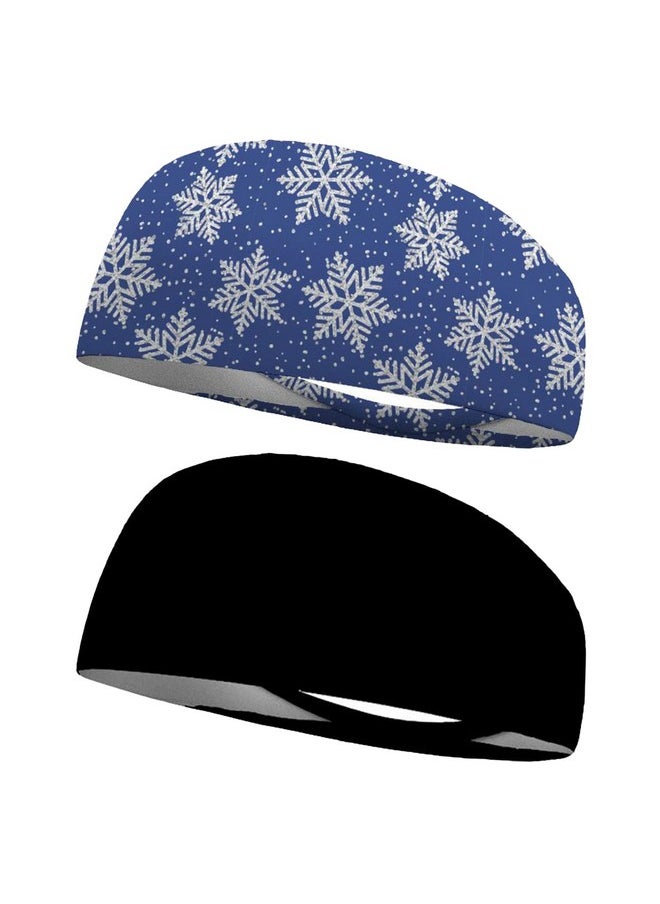 Bondi Band Bondi Band Christmas Headbands for Women, 4 Inch Tapered Workout Headbands That Stay in Place, Absorbent, Moisture Wicking, Combo Pack 1 Black and 1 Periwinkle Snow Print  - Image 1