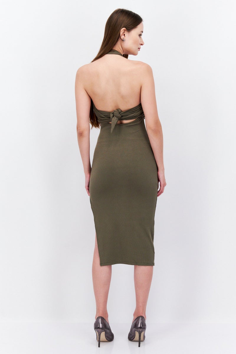 Endless Blu Women Ribbed Cut Out Midi Dress, Olive - Image 4