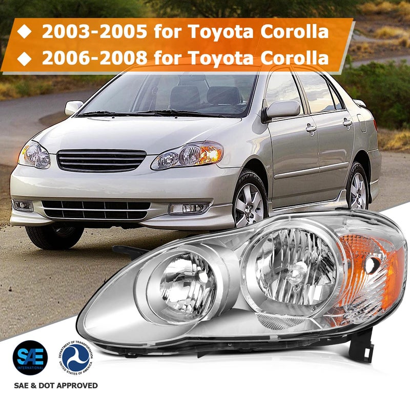 LBRST Headlight Assembly For Toyota Corolla 2003-2008 Chrome Housing Amber Reflector Clear Lens Driver and Passenger Side Headlamp - Image 2