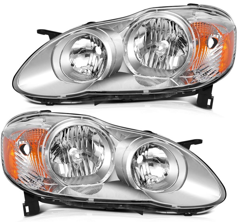 LBRST Headlight Assembly For Toyota Corolla 2003-2008 Chrome Housing Amber Reflector Clear Lens Driver and Passenger Side Headlamp - Image 1