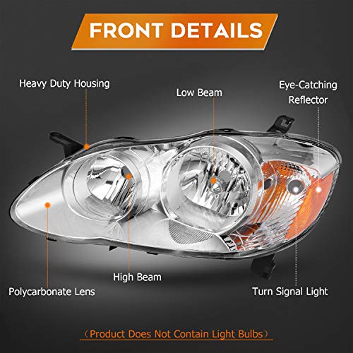 LBRST Headlight Assembly For Toyota Corolla 2003-2008 Chrome Housing Amber Reflector Clear Lens Driver and Passenger Side Headlamp - Image 3