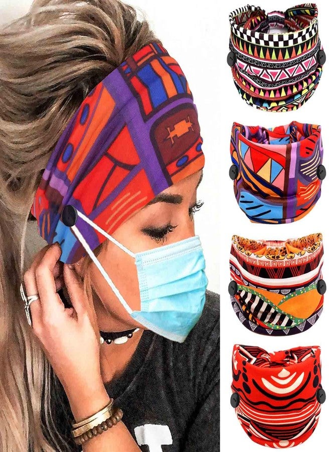 Olbye Wide Buttons Headband Nurse African Head Wraps Face Mask Headbands Elastic Knotted Turban Hairbands Workout Yoga Hair Scarfs Nursing Boho Hair Accessories for Women 4Pcs (Print B, 5.9 * 9.8'') - Image 1