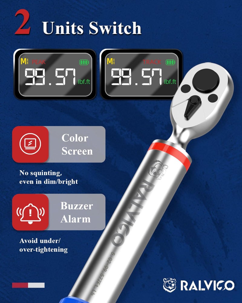 RALVICO Digital Torque Wrench 3/8 & 1/2 Drive 5.02-99.57 Ft. Lb (6.8-135 N.m) / 12.54-250.7 Ft. Lb (17-340 N.m) Â±2% Accuracy Digital Torque Wrench Set with Buzzer and LED Flash for Bike, Moto, Car - Image 3