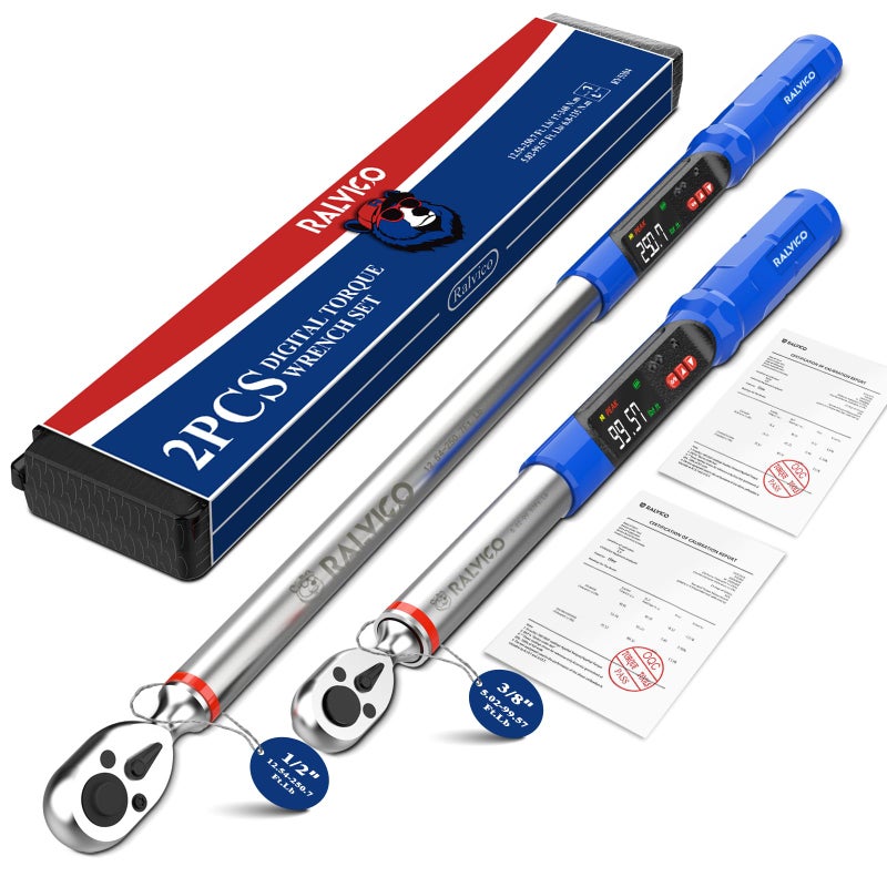 RALVICO Digital Torque Wrench 3/8 & 1/2 Drive 5.02-99.57 Ft. Lb (6.8-135 N.m) / 12.54-250.7 Ft. Lb (17-340 N.m) Â±2% Accuracy Digital Torque Wrench Set with Buzzer and LED Flash for Bike, Moto, Car - Image 1