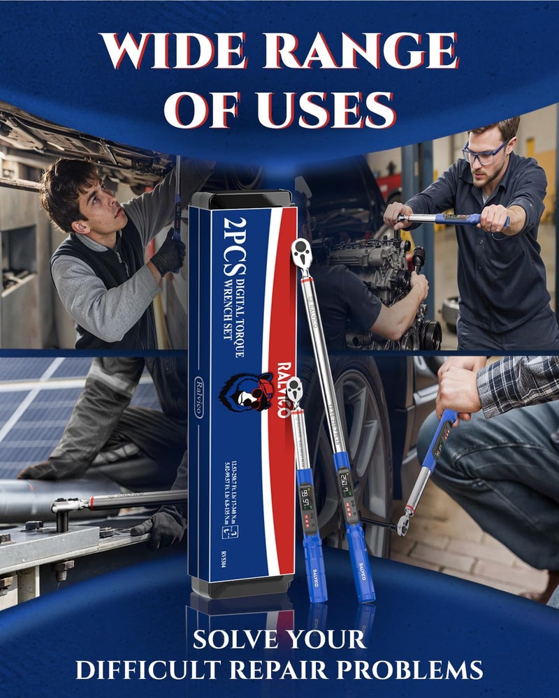 RALVICO Digital Torque Wrench 3/8 & 1/2 Drive 5.02-99.57 Ft. Lb (6.8-135 N.m) / 12.54-250.7 Ft. Lb (17-340 N.m) Â±2% Accuracy Digital Torque Wrench Set with Buzzer and LED Flash for Bike, Moto, Car - Image 2