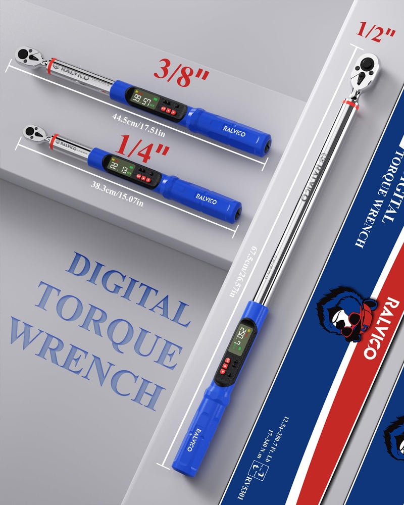 RALVICO Digital Torque Wrench 3/8 & 1/2 Drive 5.02-99.57 Ft. Lb (6.8-135 N.m) / 12.54-250.7 Ft. Lb (17-340 N.m) Â±2% Accuracy Digital Torque Wrench Set with Buzzer and LED Flash for Bike, Moto, Car - Image 5