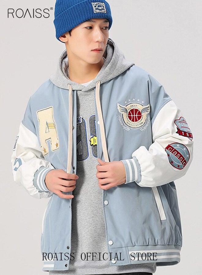 roaiss Men Baseball Jacket Spring Autumn Uniform Jackets Fashion Oversized Graphic Striped Trim Drop Shoulder Corduroy Varsity Jacket Preppy Striped Stand Collar Jacket - Image 1