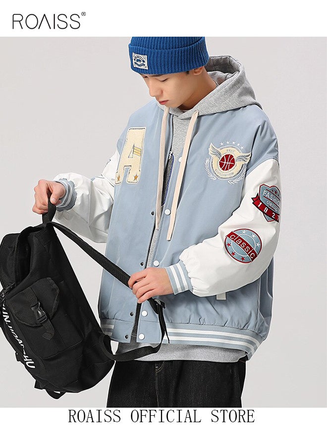 roaiss Men Baseball Jacket Spring Autumn Uniform Jackets Fashion Oversized Graphic Striped Trim Drop Shoulder Corduroy Varsity Jacket Preppy Striped Stand Collar Jacket - Image 2