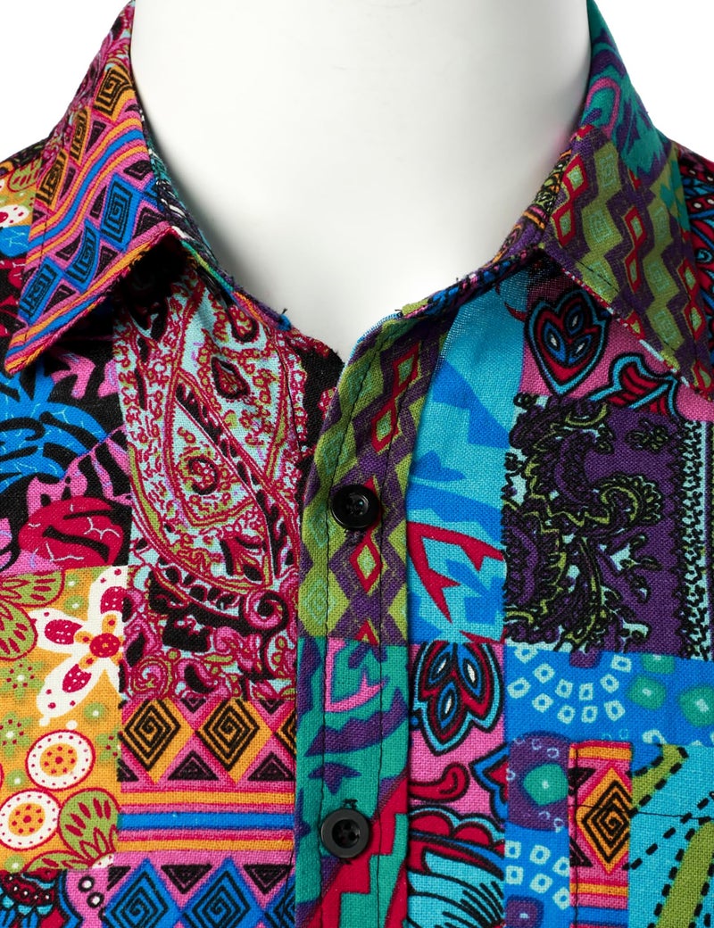PARKLEES Men's Linen 70s Hippie Style Floral Print Shirt Short Sleeve Button Down Hawaiian Shirts Blue Pink Large - Image 4