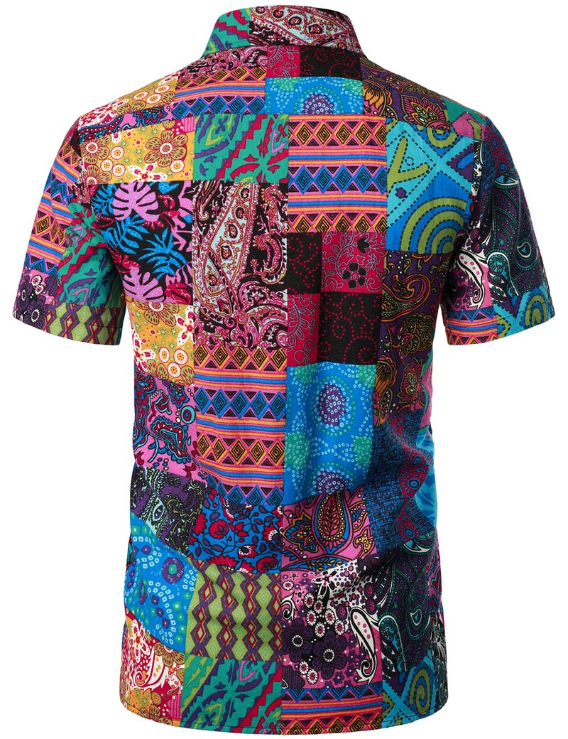 PARKLEES Men's Linen 70s Hippie Style Floral Print Shirt Short Sleeve Button Down Hawaiian Shirts Blue Pink Large - Image 3