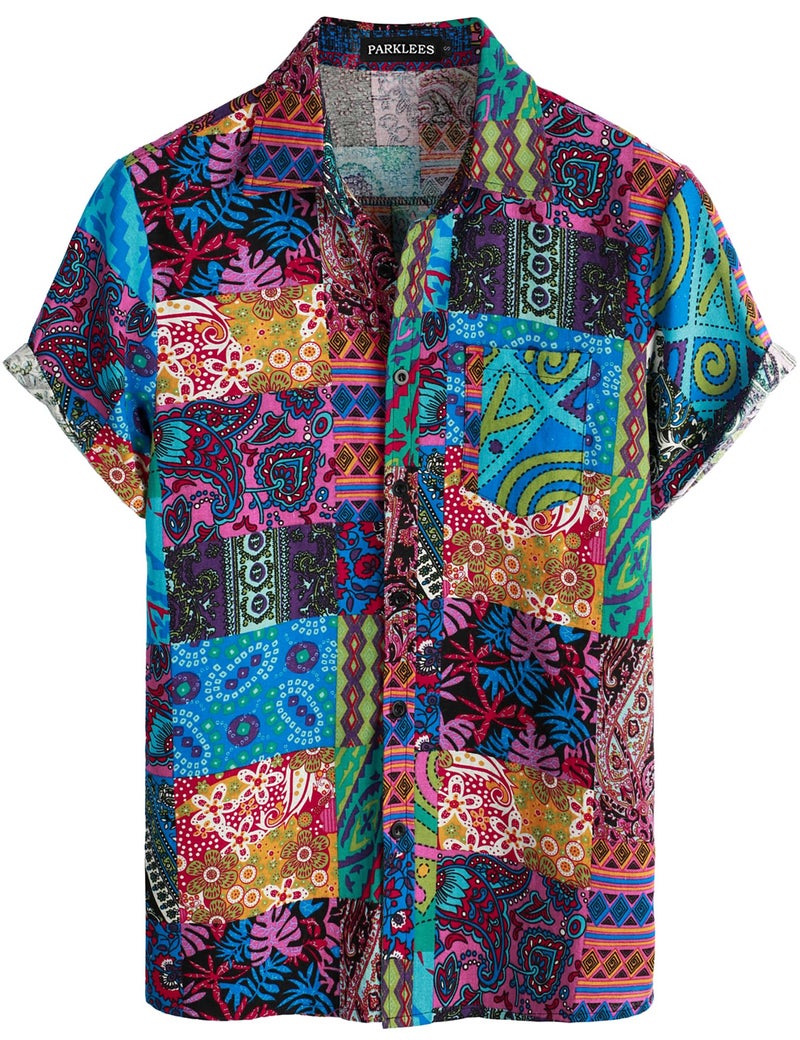 PARKLEES Men's Linen 70s Hippie Style Floral Print Shirt Short Sleeve Button Down Hawaiian Shirts Blue Pink Large - Image 1