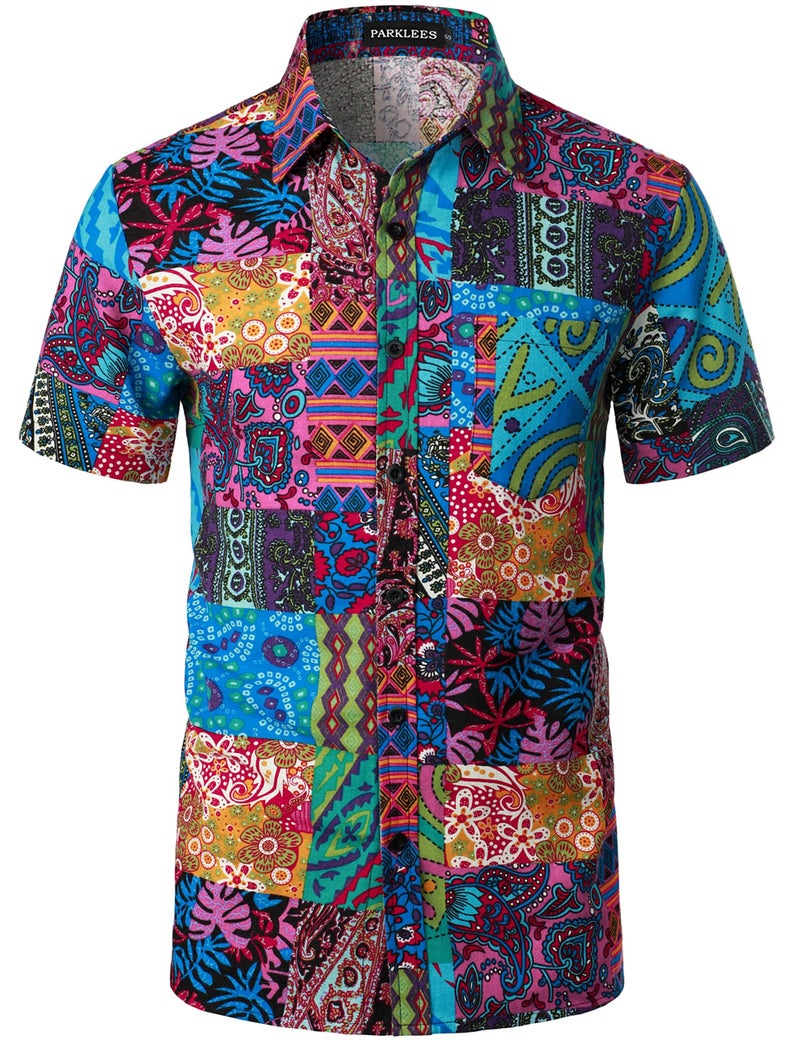 PARKLEES Men's Linen 70s Hippie Style Floral Print Shirt Short Sleeve Button Down Hawaiian Shirts Blue Pink Large - Image 2
