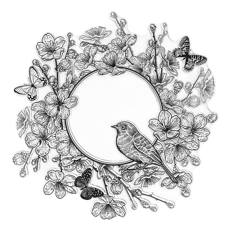 Flowers Wreath Clear Stamps for Card Making Scrapbooking Crafting DIY Decorations Butterfly Birds Branches Garland Clear Transparent Silicone Seal Rubber Stamps for Holiday Card Making Album Crafts
