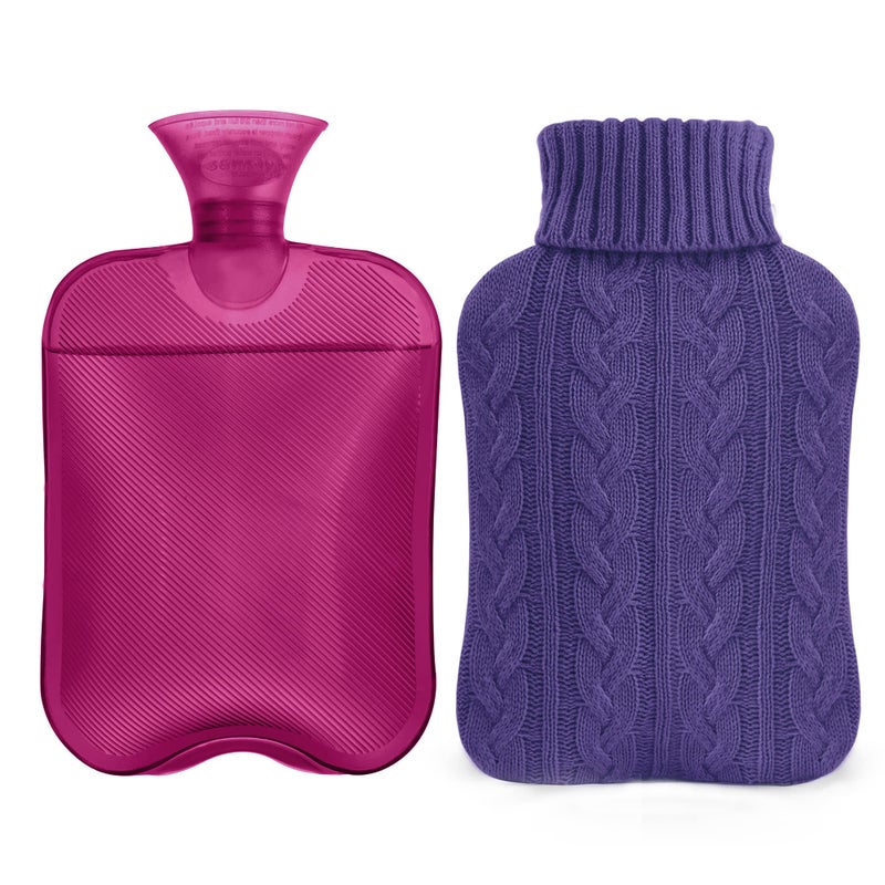 samply Hot Water Bottle with Knitted Cover, 2L Hot Water Bag for Hot and Cold Compress, Hand Feet Warmer, Ideal for Menstrual Cramps, Neck and Shoulder Pain Relief, Purple - Image 1