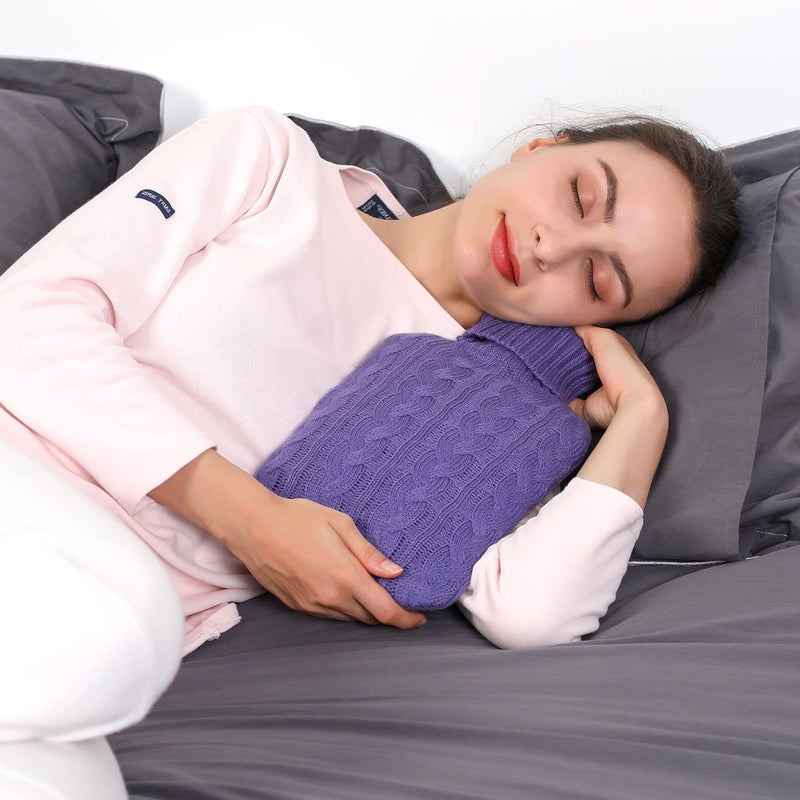 samply Hot Water Bottle with Knitted Cover, 2L Hot Water Bag for Hot and Cold Compress, Hand Feet Warmer, Ideal for Menstrual Cramps, Neck and Shoulder Pain Relief, Purple - Image 2