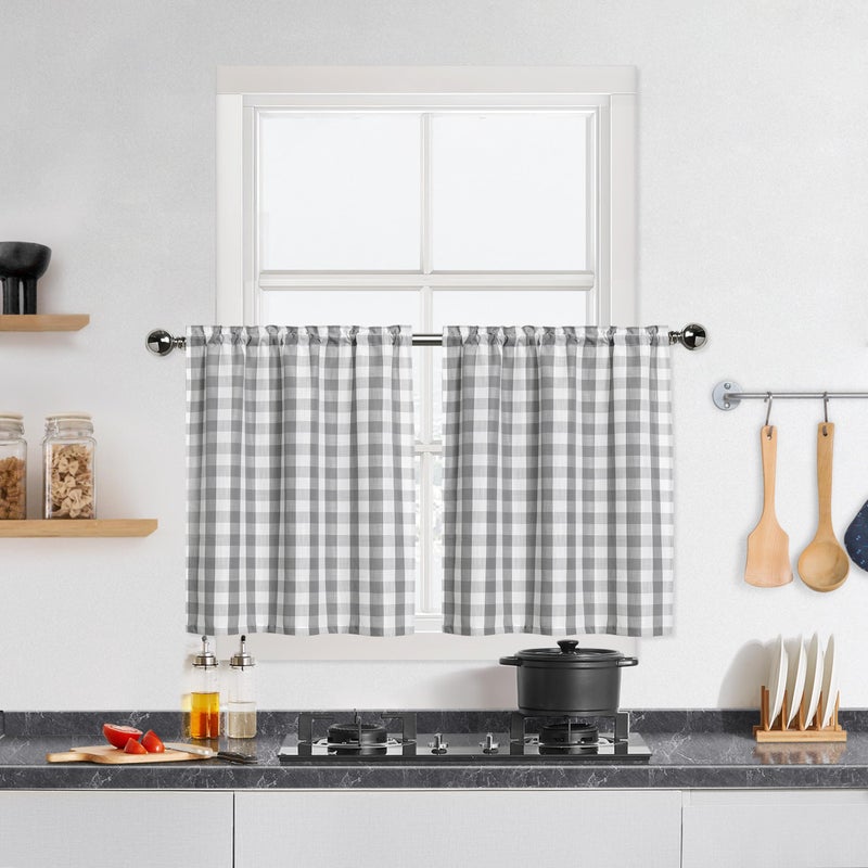 Buffalo Plaid Cafe Curtains 36 Inches Long Gray and White Buffalo Check Kitchen Tier Curtains Gingham Rod Pocket Short Tier Curtain for Kitchen Bathroom Window 28x36 SilverGrey Set of 2
