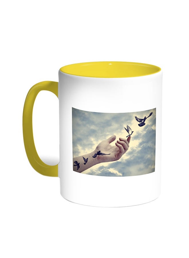 Freedom Of Birds Printed Coffee Mug Yellow/White 11ounce