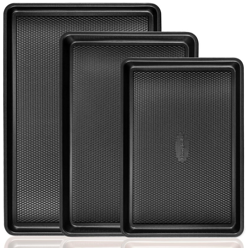 HONGBAKE Cookie Sheets for Baking Nonstick - HONGBAKE Baking Sheet Pan Set of 3, Half/Quarter/Jelly Roll Pan for Oven with Diamond Texture Pattern, 57% Thicker Carbon Steel Cookie Trays, Dark Grey - Image 1