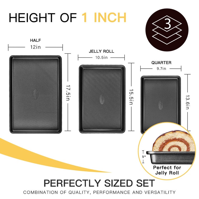 HONGBAKE Cookie Sheets for Baking Nonstick - HONGBAKE Baking Sheet Pan Set of 3, Half/Quarter/Jelly Roll Pan for Oven with Diamond Texture Pattern, 57% Thicker Carbon Steel Cookie Trays, Dark Grey - Image 5